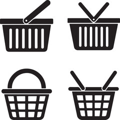 Poster - A Collection of Shopping Basket Icons Showcasing Different Handle Styles and Basket Weave Patterns in a Minimalist Black and White Design