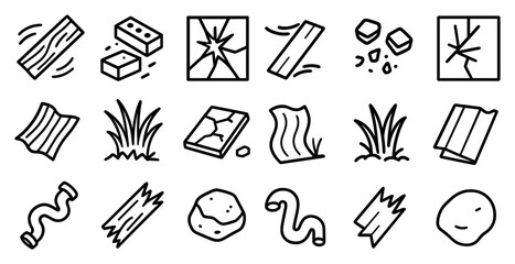 Poster - Collection of black and white icons, including a brick, a book, a piece of paper, a rock, a piece of wood, a piece of grass, a piece of cloth, a piece of metal, a piece of plastic, a piece