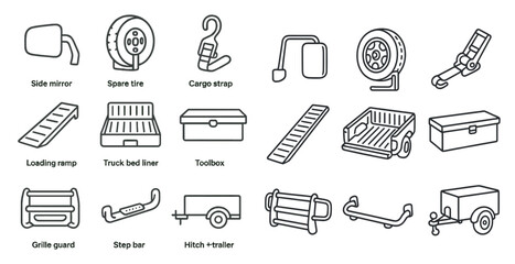 Poster - Collection of various tools and equipment for a trailer. The tools include a tire jack, a tow hitch, a trailer hitch, a trailer brake, a trailer light, a trailer mirror, a trailer bed, a trailer box