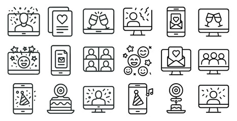 Poster - Set of icons for a party or celebration. The icons include a cake, a person with a smiley face, a person with a heart, a person with a wine glass, and a person with a cell phone