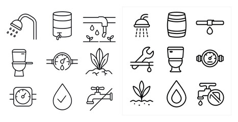 Poster - Set of icons for plumbing and water systems. The icons include a shower, a toilet, a faucet, a water meter, and a barrel