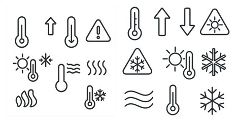 Poster - Set of icons for different temperatures, including hot, cold, and warm. The icons are all in black and white, and they are arranged in a grid-like pattern. Scene is somewhat serious and informative