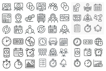 Poster - Collection of various time-related icons, including clocks, calendars, and a bell. The icons are arranged in a grid, with some overlapping each other. Scene is busy and hectic