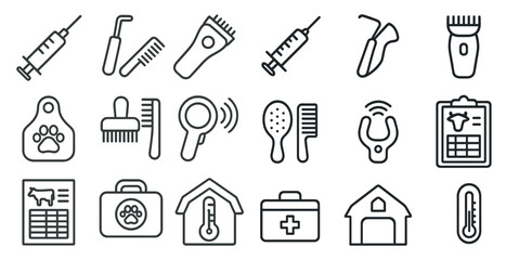 Poster - Set of medical and veterinary tools and supplies. The tools include a syringe, a thermometer, a stethoscope, and a pair of scissors. The supplies include a clipboard, a bottle, and a box
