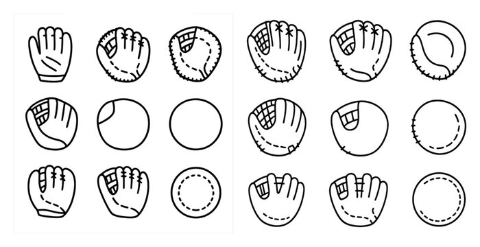 The image is a set of baseball gloves, with each glove having a different design. The gloves are arranged in a grid, with some gloves overlapping each other. Scene is playful and fun