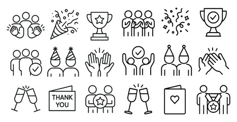 Poster - Series of black and white icons that represent different aspects of celebration and achievement. The icons include a trophy, a party hat, a card, a hand, and a heart. Scene is one of joy