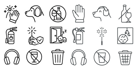 Poster - Series of icons that include a hand, a dog, a fire extinguisher, a bottle, a cup, a trash can, a door, a bottle of wine, a glass, a fire hydrant, a fire extinguisher, a fire