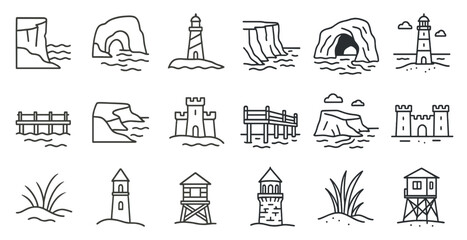 Poster - Series of images of lighthouses and other coastal structures. The mood of the images is serene and peaceful, with the lighthouses and other structures dotting the water
