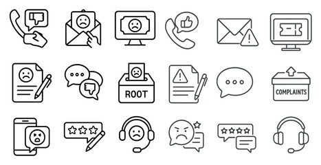 Poster - Set of icons that include a phone, a computer, a box, a paper, a pen, a star, a thumbs up, a thumbs down, a box with a letter inside, a box with a letter outside, a box with a