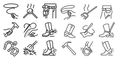 Poster - Set of icons depicting various tools and items related to cowboy life. The icons include a hammer, a pair of boots, a shovel, a pitchfork, a whip, and a pair of pants