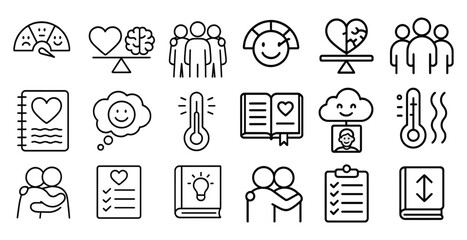 Poster - Collection of black and white icons that include a book, a heart, a smiley face, a thermometer, a scale, a person holding a book, a person holding a heart, a person holding a smiley face, a person h