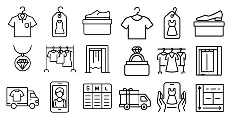Poster - Set of clothing and accessories icons, including a diamond, a ring, a hand, a truck, a cell phone, a dress, a box, a shirt, a shoe, a necklace, a car, a building, a curtain, a