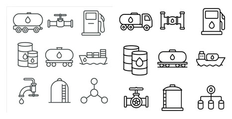 Poster - Collection of black and white icons of various oil and gas related items. The icons include a tanker, a ship, a pump, a pipe, and a tanker