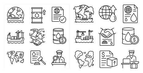 Poster - Collection of symbols that represent various aspects of the oil industry, such as a ship, a dollar sign, and a globe. The icons also include a man in a suit