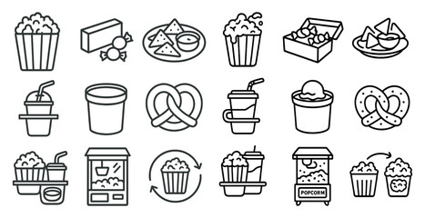 Poster - Set of food icons including popcorn, cupcakes, and donuts. The icons are drawn in black and white and are arranged in a grid