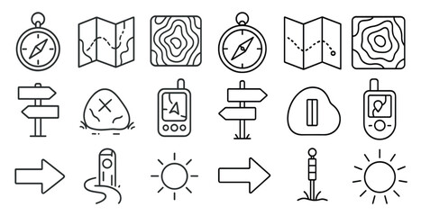 Fototapete - Collection of icons for navigation and travel, including a compass, a sun, and a rock