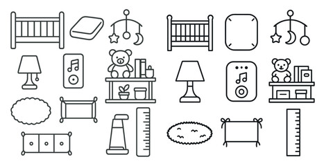 Fototapete - Collection of baby items including a crib, a teddy bear, a night light, and a ruler
