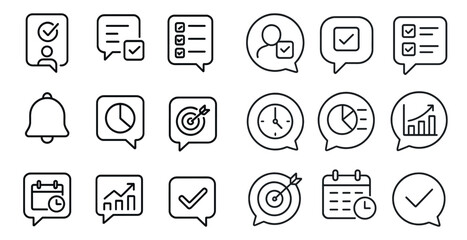 Fototapete - Set of icons for a calendar app. The icons include a bell, a clock, a calendar, a check mark, and a person