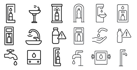 Fototapete - Collection of symbols representing various bathroom fixtures and accessories, such as a sink, a bottle, a faucet, and a hand. These icons are used to convey information about the bathroom's layout