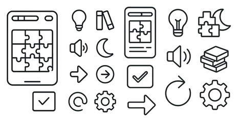 Fototapete - Puzzle piece is shown with a variety of icons surrounding it. The icons include a book, a phone, a light bulb, a clock, and a cross. Concept of a puzzle or a game