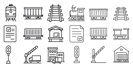 Fototapete - Set of train icons including a train, a train station, a train car, a train car with a sign on it, a train car with a sign on it and a train car with a sign on it