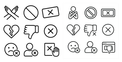 Fototapete - Set of icons that are all black and white. The icons include a thumbs down, a thumbs up, a heart, a broken heart, a person with crossed arms, a person with a hand on their hip