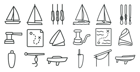 Fototapete - Collection of boat and sailing icons. The icons include a boat, a sail, a compass, a map, a knife, a bottle, a cup, a rope, a paddle, a knife, a knife, a knife, a knife