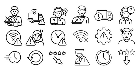 Fototapete - Series of icons depicting various work situations, including a man with a laptop, a woman with a headset, and a man with a tie