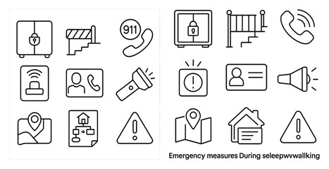 Fototapete - Set of icons for emergency measures during self-walking. The icons include a phone, a flashlight, a map, and a house