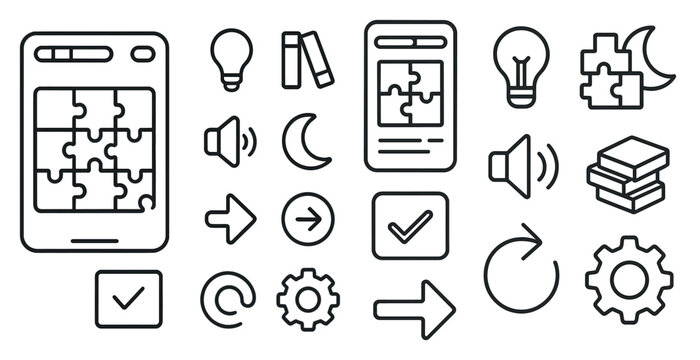 Puzzle piece is shown with a variety of icons surrounding it. The icons include a book, a phone, a light bulb, a clock, and a cross. Concept of a puzzle or a game