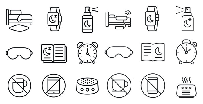 Set of icons for a bedtime routine. The icons include a watch, a book, a cup, a bottle, a clock, a bed, a pillow, a blanket, a remote, a cell phone, a bottle of perfume