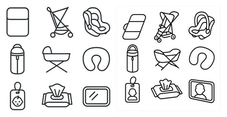 Poster - Set of baby items including a bottle, a stroller, a car seat, and a baby carrier
