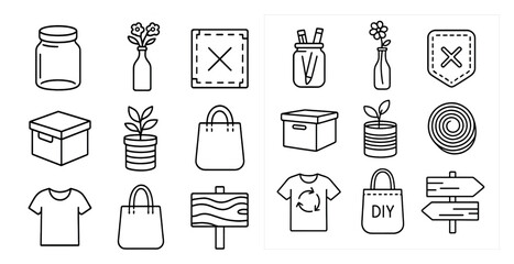 Fototapete - Set of icons for various items, including a sign, a box, a vase, a bottle, a bag, a jar, a plant, and a shirt