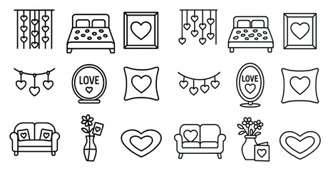 Fototapete - Collection of black and white icons for home decor, including a bed, couch, and vase