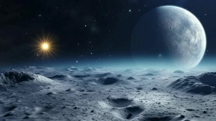 Wall Mural - a breathtaking video concept of a lunar landscape with a distant planet and sun. captured from a low