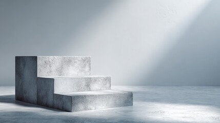Poster - Sunlight illuminates a concrete staircase display platform in a minimalist empty room, creating a modern and stylish setting for product placement