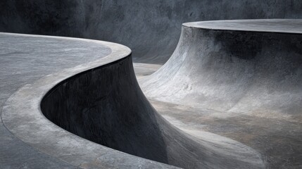 Poster - Concrete curves forming skateboard bowl's smooth architectural landscape, highlighting gray structural lines and minimalist design elements