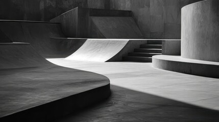 Poster - Concrete skatepark bathed in sunlight, casting dramatic shadows across ramps and stairs, highlighting architectural lines and urban emptiness