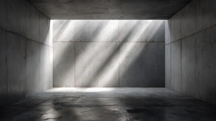Poster - Bright sunlight penetrating overhead skylight casting dramatic shadows across minimalist concrete interior, highlighting architectural emptiness with ethereal luminescence