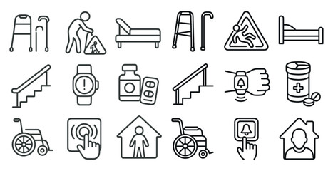 Leinwandbilder - Series of icons depicting various medical and home care items. The icons include a wheelchair, a bed, a cane, a bottle, a watch, a stair rail, a bed, a bedside table, a bed, a bed