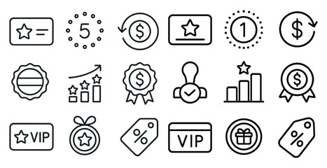 Poster - Set of icons for a shopping app, including a 5 star rating, a 5 dollar price, and a VIP card