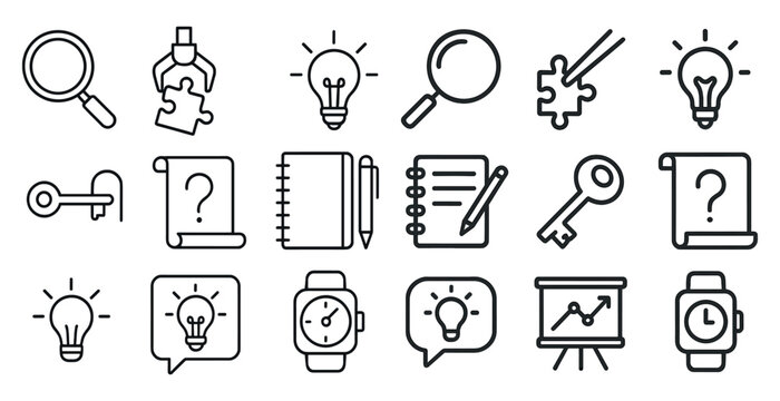 Set of icons that include a key, a watch, a pen, a book, a light bulb, a magnifying glass, and a clock