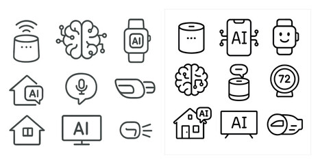 Leinwandbilder - Collection of icons for smart home devices. The icons include a smart speaker, smart TV, smart thermostat, smart light, and a smart home hub. The icons are all in black and white