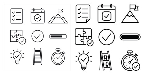 Poster - Set of icons for a calendar app. The icons include a check mark, a mountain, a puzzle, a clock, a light bulb, and a ladder
