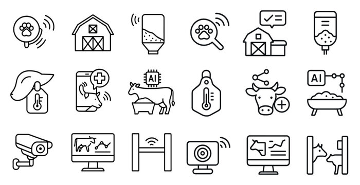 Series of icons depicting various farm animals and farm equipment. The icons include a cow, a dog, a barn, a computer, a cell phone, a camera, a thermometer, and a bottle