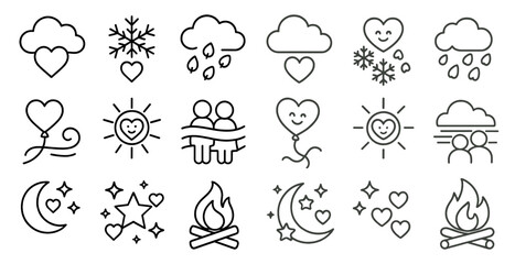 Poster - Collection of symbols including hearts, balloons, and raindrops. The symbols are arranged in a grid, with some overlapping each other. Scene is cheerful and playful, with the hearts