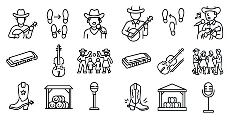 Leinwandbilder - Series of icons depicting various aspects of country music. The icons include a man playing a guitar, a man singing, a man playing a banjo, a man playing a fiddle, a man playing a mandolin
