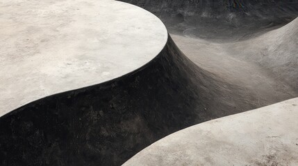 Poster - Concrete skatepark ramp curving smoothly, casting geometric shadows across weathered and pristine surfaces, revealing architectural lines