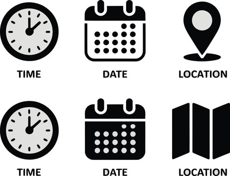 A set of black and white icons representing time date and location on a light grey background