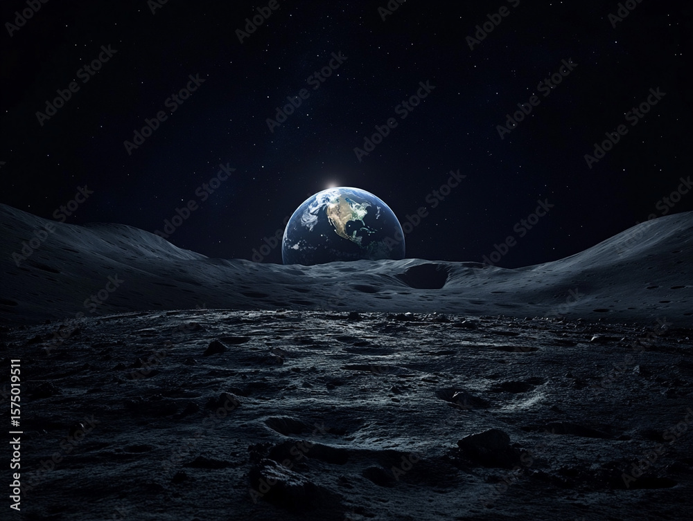 A view of planet Earth rising above the moon’s barren surface under a ...